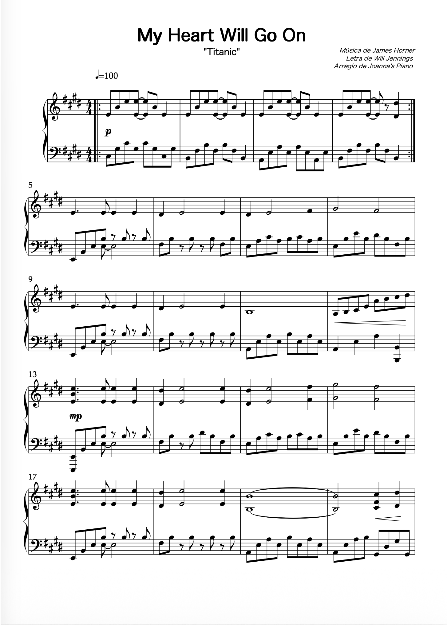 Partitura · My Heart Will Go On (BSO Titanic) — arreglo de Joanna González