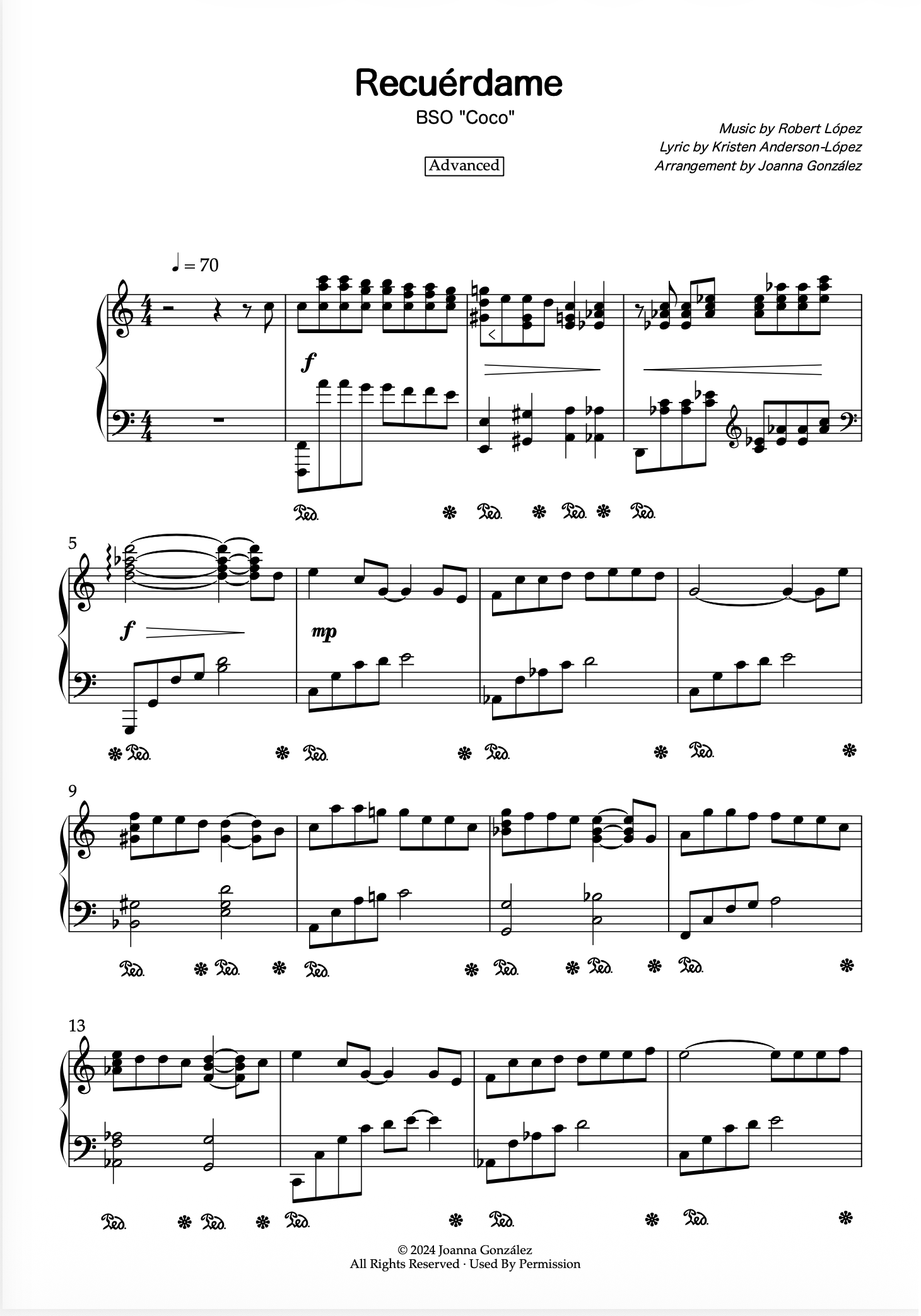 Partitura · Recuérdame (BSO Coco) — arreglo de Joanna González